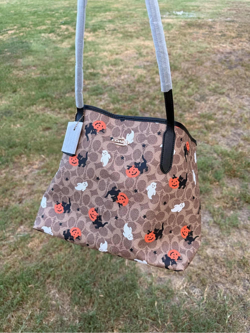 Coach Brown Halloween Ghost & Pumpkin Tote with Black Handles - Picture 7 of 13